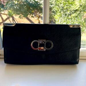 FEERAGAMO black leather clutch with silver hardware